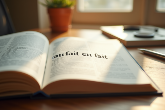 Livre de grammaire française ouvert sur un bureau lumineux