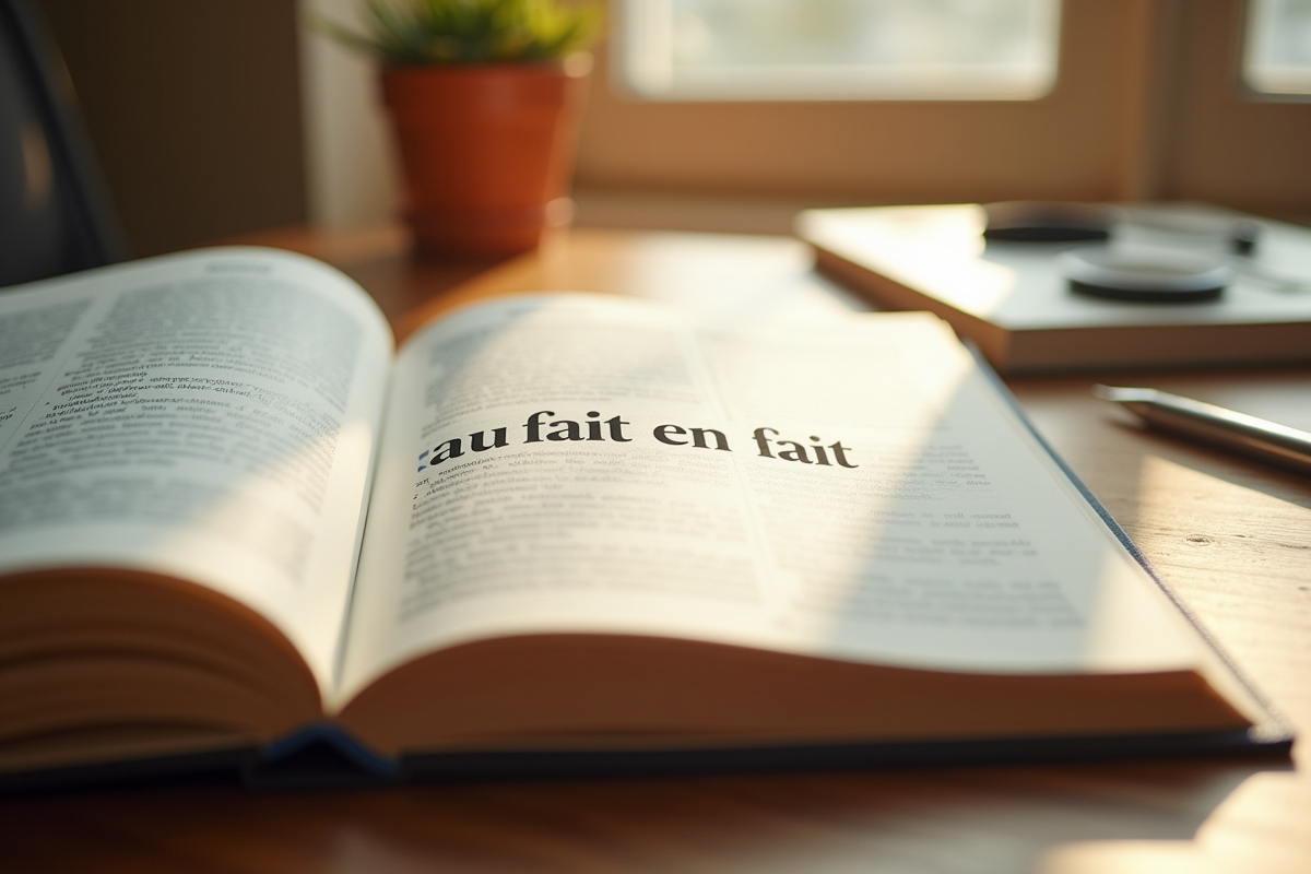 Livre de grammaire française ouvert sur un bureau lumineux