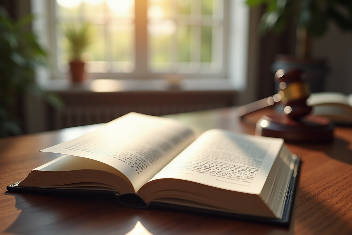 Livre juridique ouvert sur un bureau en bois lumineux