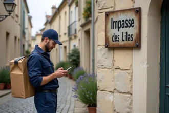 Livreur consultant son GPS devant le panneau d'une impasse résidentielle française avec des maisons en pierre