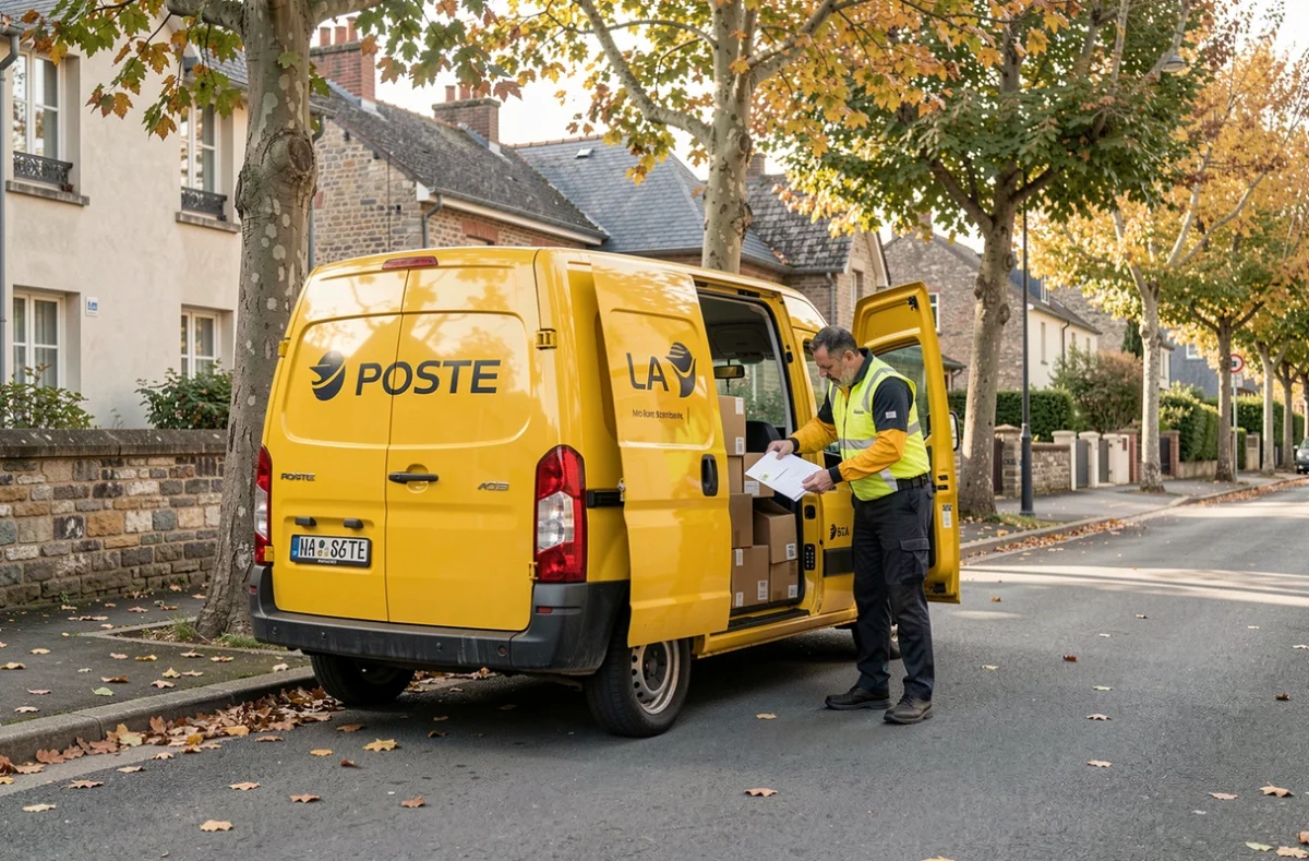 Livreur La Poste organisant des colis dans son camion jaune dans une rue résidentielle française