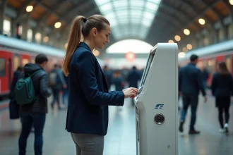 Femme professionnelle utilisant une borne Photomaton en location à la journée dans une gare animée