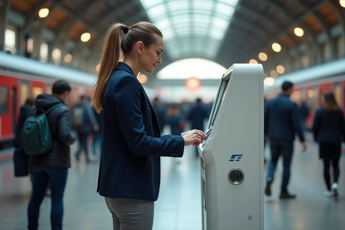 Femme professionnelle utilisant une borne Photomaton en location à la journée dans une gare animée