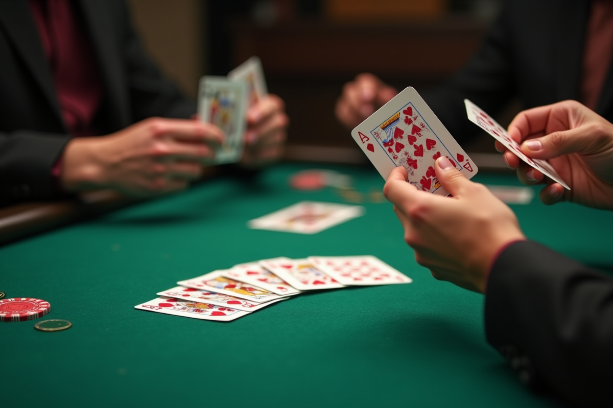 Mains révélant des cartes de belote sur une table verte