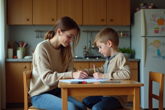 Femme réconfortant son enfant à la maison