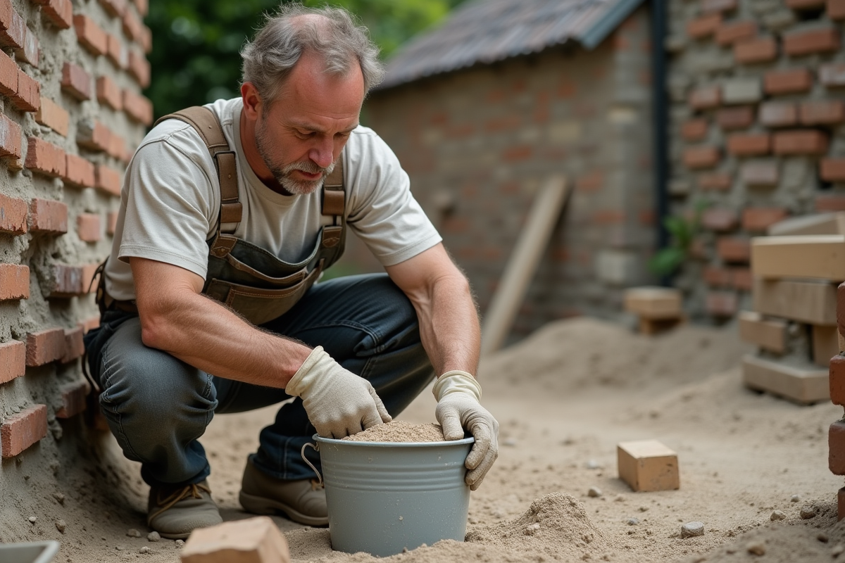 Maçon mesurant du mortier devant un mur en rénovation