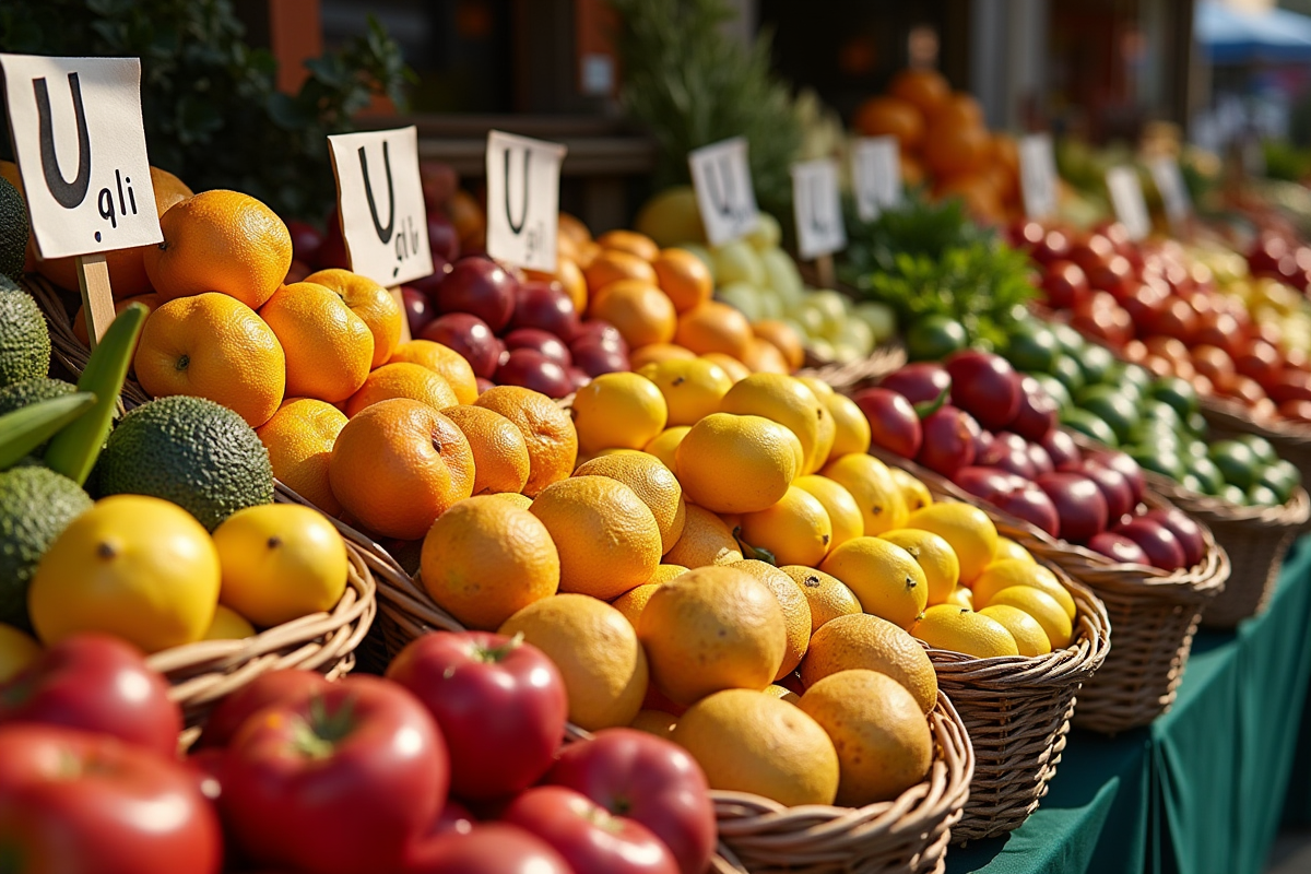 Marché coloré avec fruits et légumes frais débutant par U