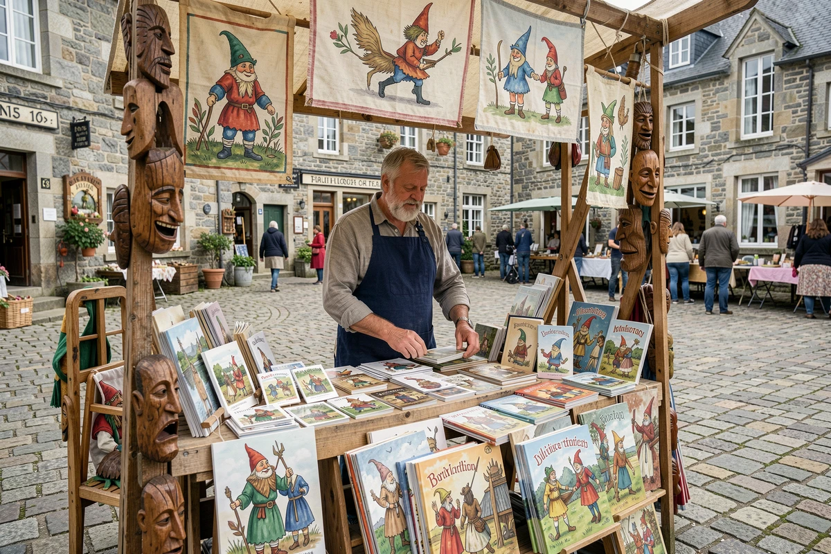 Stand de marché artisanal breton avec décorations et livres illustrés sur les korrigans, artisan présentant des créations inspirées du folklore celtique contemporain