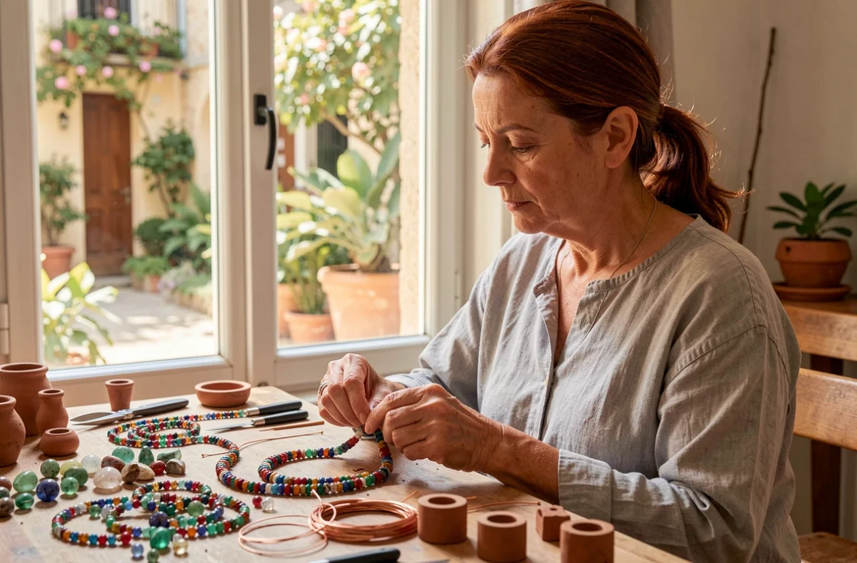 Artisane de Marya bijouterie assemblant un collier coloré dans son atelier à Montpellier