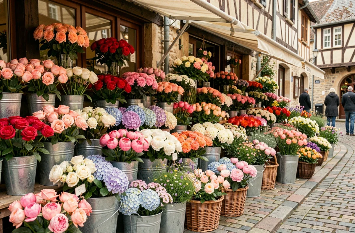 Marché floral animé dans une rue pavée de Normandie avec des bouquets colorés exposés devant une boutique de fleuriste