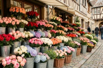 Marché floral animé dans une rue pavée de Normandie avec des bouquets colorés exposés devant une boutique de fleuriste