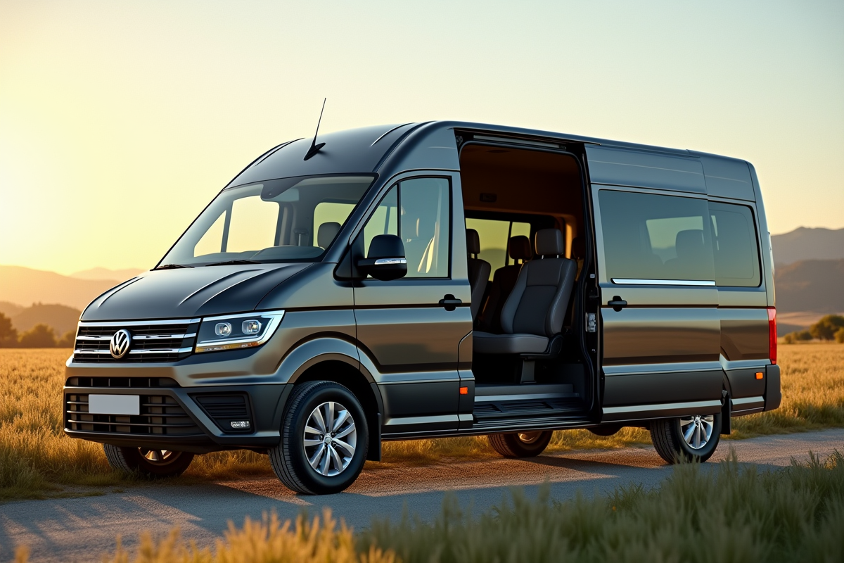 Minivan huit places dans la campagne avec portes ouvertes
