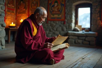 Moine tibétain âgé lisant un manuscrit ancien en sanskrit dans un monastère himalayien, illustrant les textes sacrés sur Shamballa