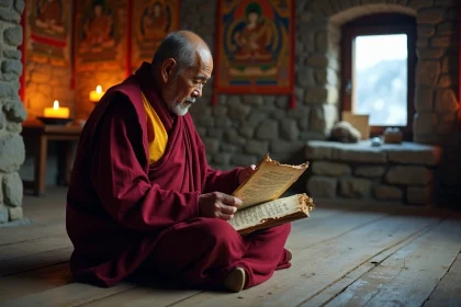 Moine tibétain âgé lisant un manuscrit ancien en sanskrit dans un monastère himalayien, illustrant les textes sacrés sur Shamballa
