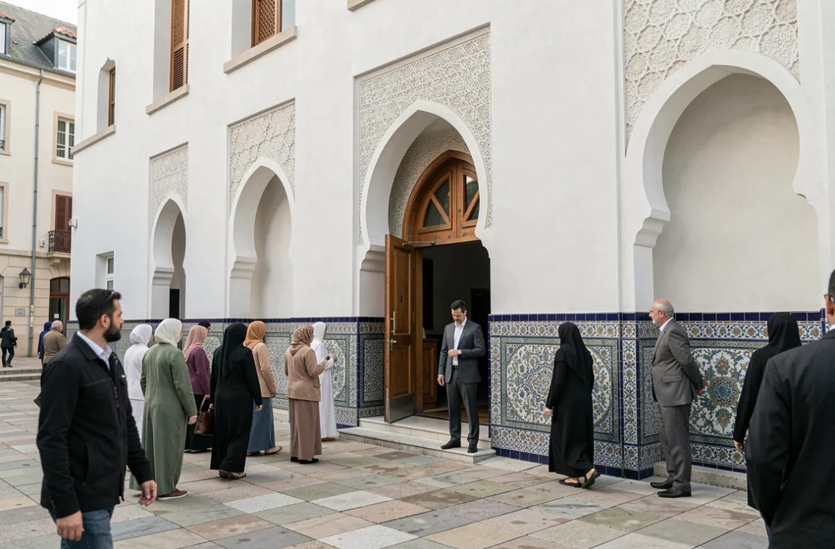 Façade de la mosquée de Nantes avec des fidèles musulmans se dirigeant vers l'entrée pour la prière
