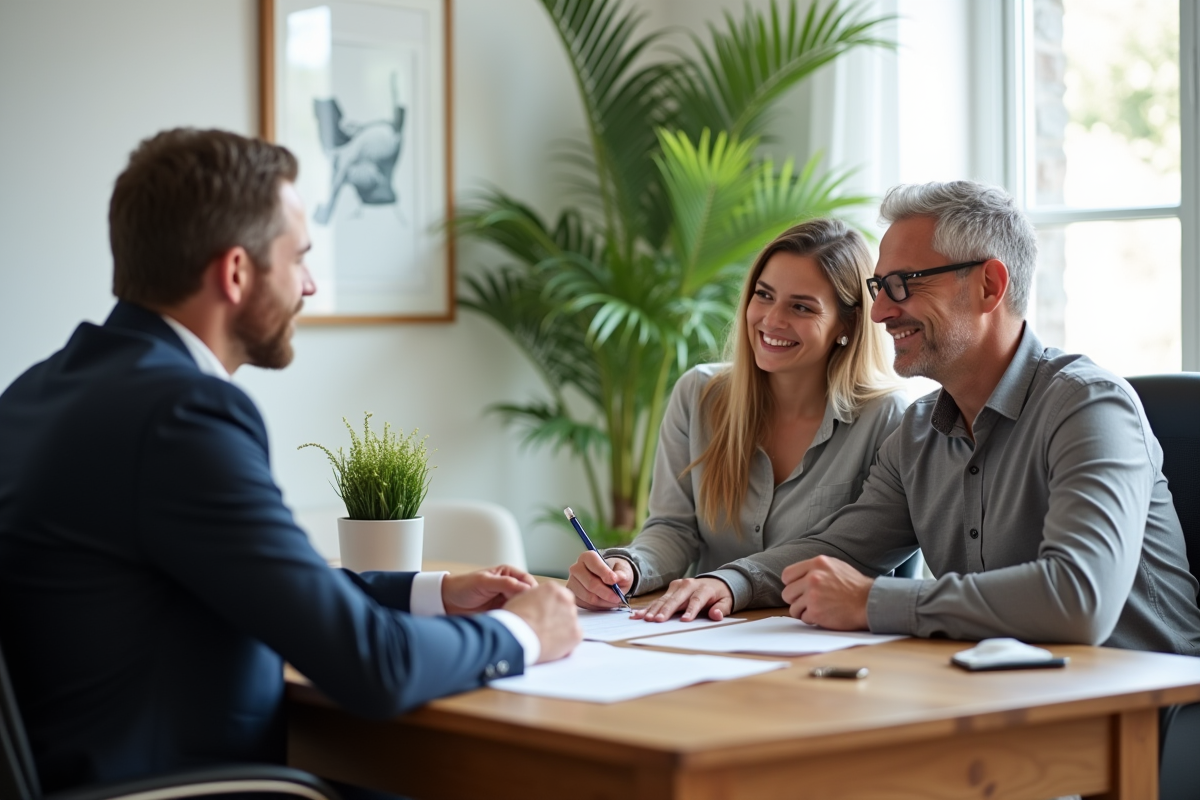 Notaire professionnel discutant avec un couple dans un bureau lumineux