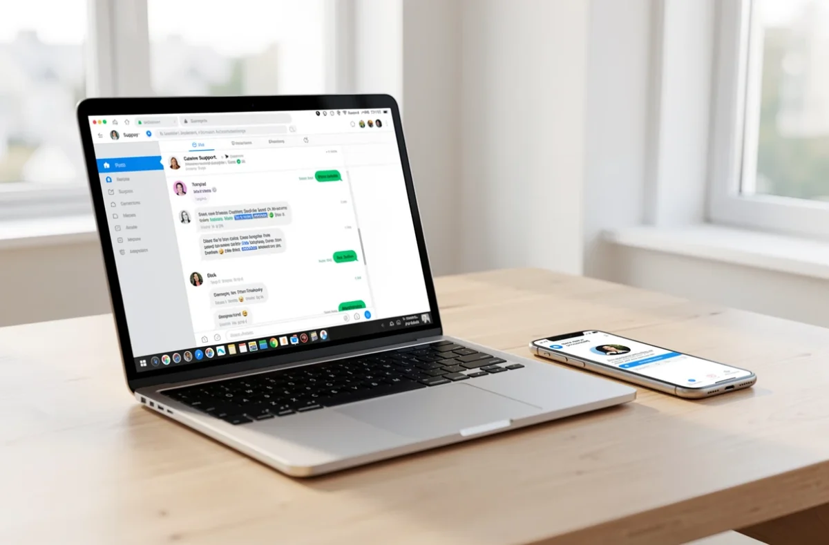 Ordinateur et smartphone affichant un chat d'assistance en ligne