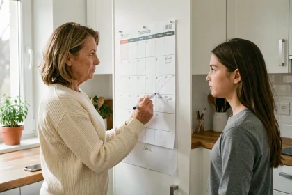 Mère et fille planifiant l'organisation familiale sur un calendrier mural dans une cuisine moderne