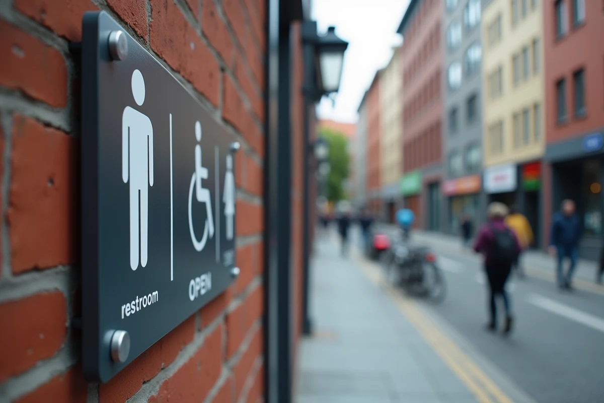 Panneau de signalisation indiquant un WC public ouvert avec accès change bébé en milieu urbain