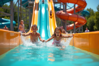Familles et enfants profitant des toboggans aquatiques à Mille