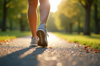 Pieds marchant sur un chemin ensoleille dans un parc