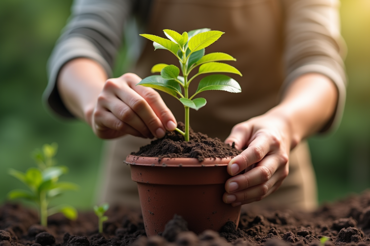 Mains de jardinier plantant un chèvrefeuille jeune dans un pot