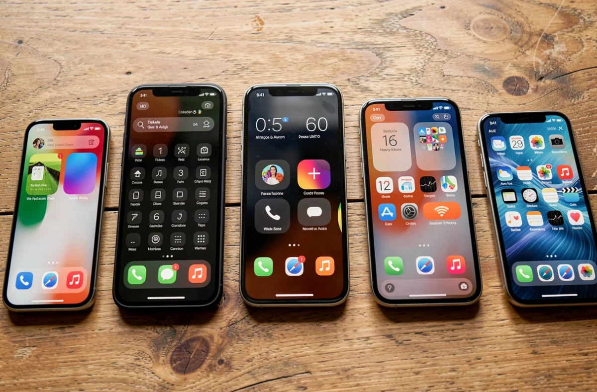 Plusieurs smartphones posés côte à côte sur une table en bois
