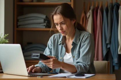 Femme confuse utilisant un appareil de gestion d'habillement défaillant à son bureau à domicile