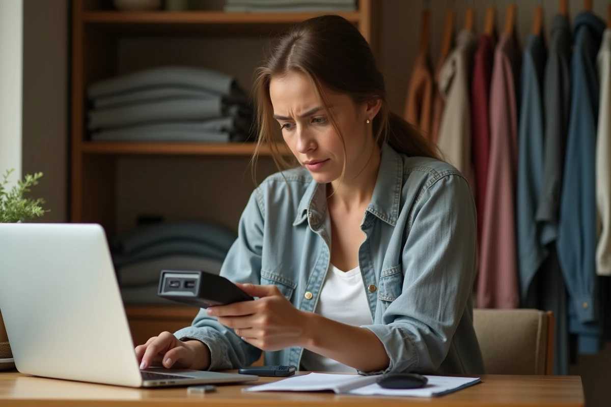 Femme confuse utilisant un appareil de gestion d'habillement défaillant à son bureau à domicile