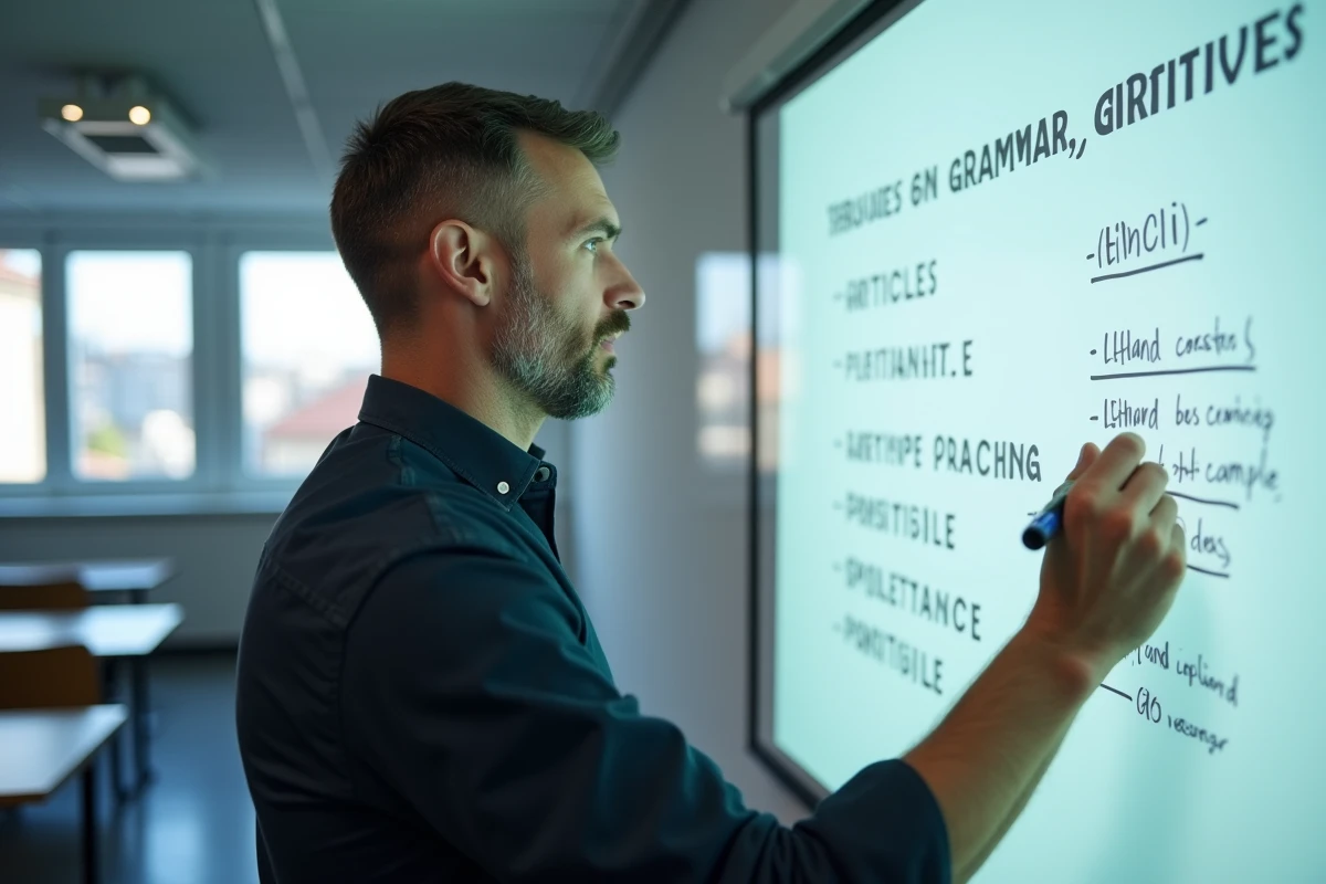 Professeur de français expliquant les règles des articles et du partitif sur un tableau blanc en salle de classe