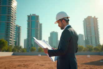 Professionnel en costume examinant plans sur terrain vacant