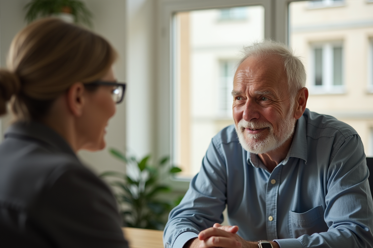 Homme age en discussion avec assistante sociale dans bureau