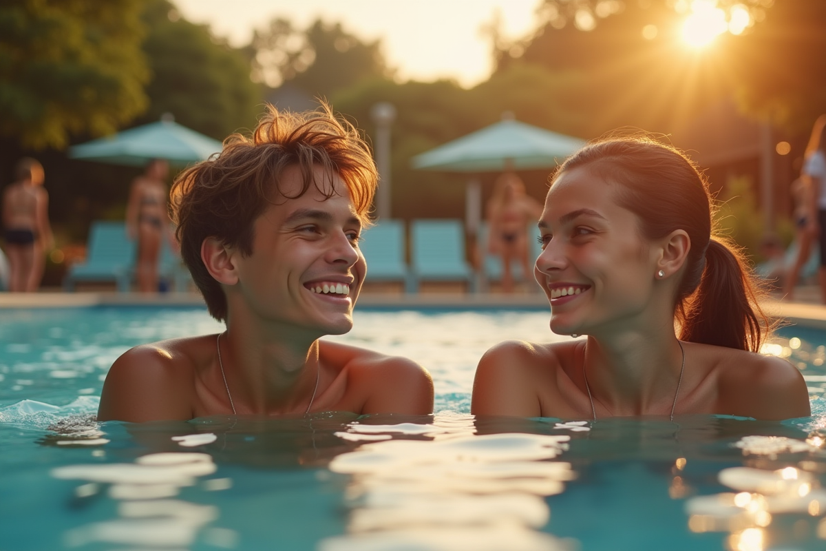 Adolescents et adultes se relaxant près de la piscine à Mille