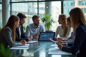 Réunion en bureau moderne avec professionnels et tablette