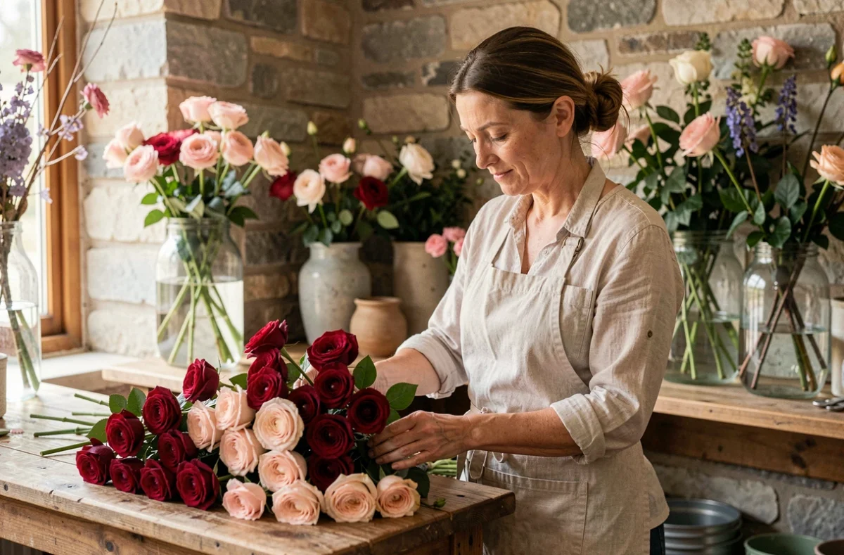 Fleuriste femme arrangeant des roses rouges et roses dans la boutique Rose de Vigne