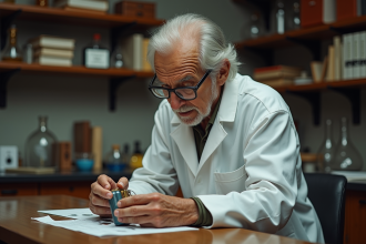 Scientifique senior examine une batterie lithium ancienne