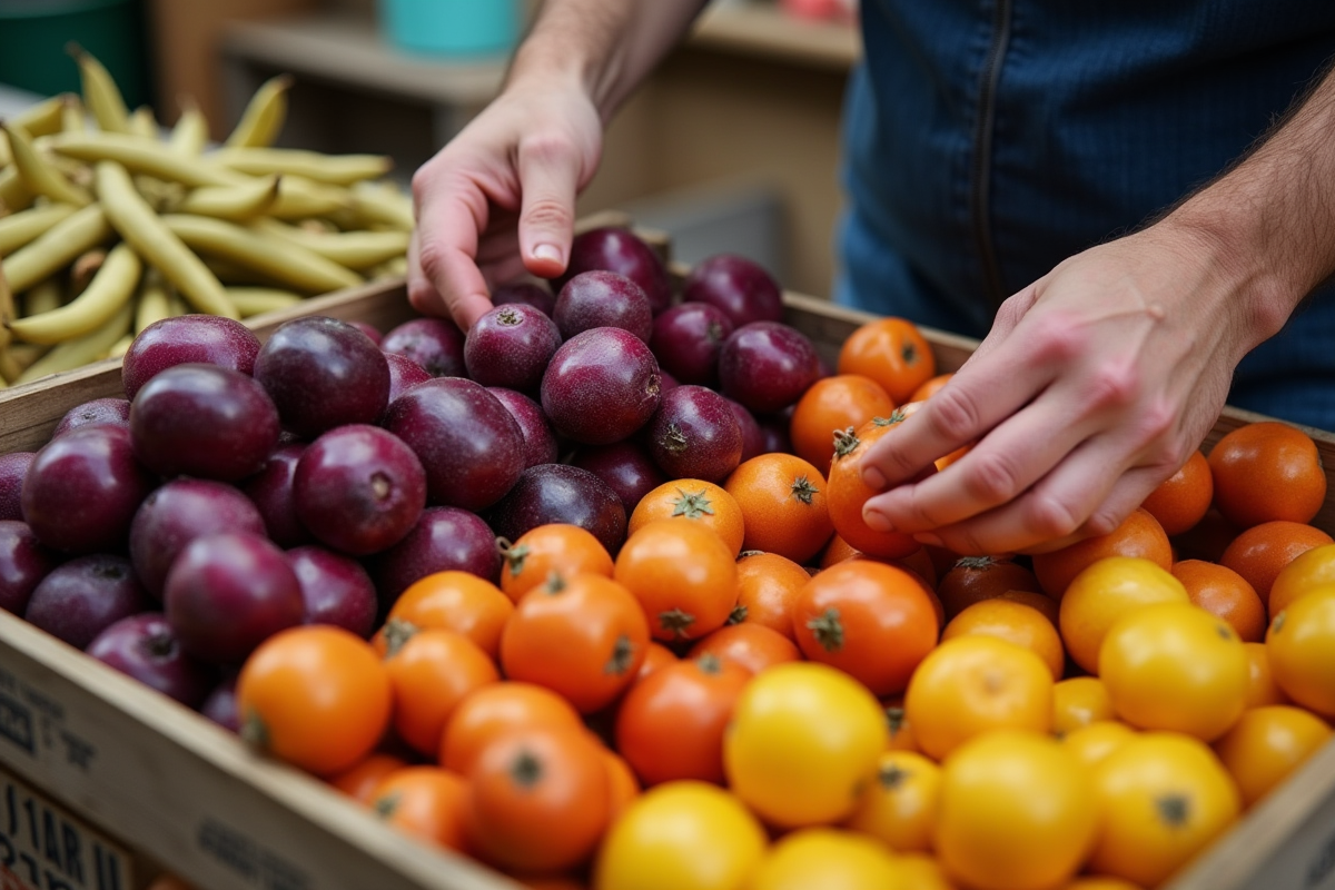 Mains choisissant des fruits et légumes frais au marché