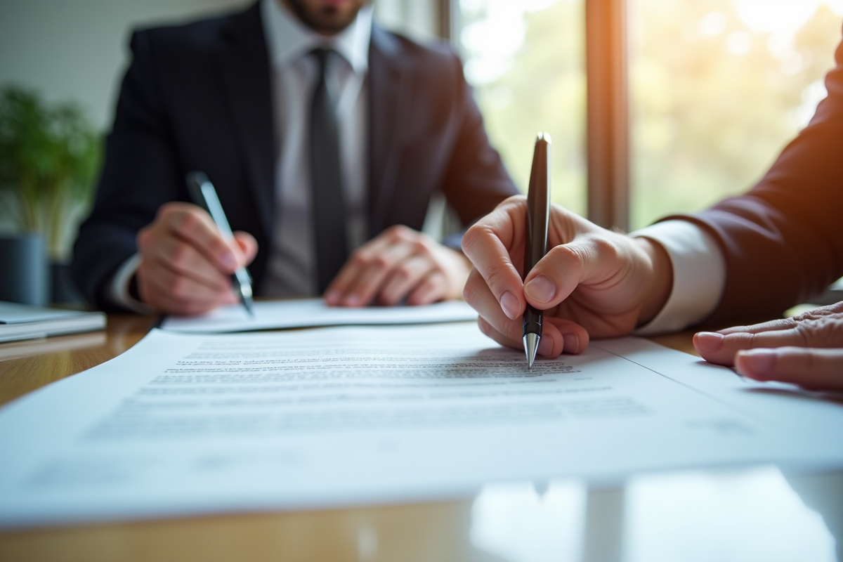 Avocat signant un contrat dans un bureau moderne ensoleille