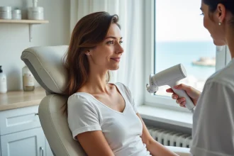 Femme détendue en soin laser visage dans un cabinet moderne