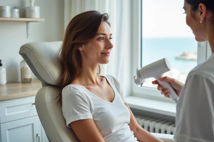 Femme détendue en soin laser visage dans un cabinet moderne