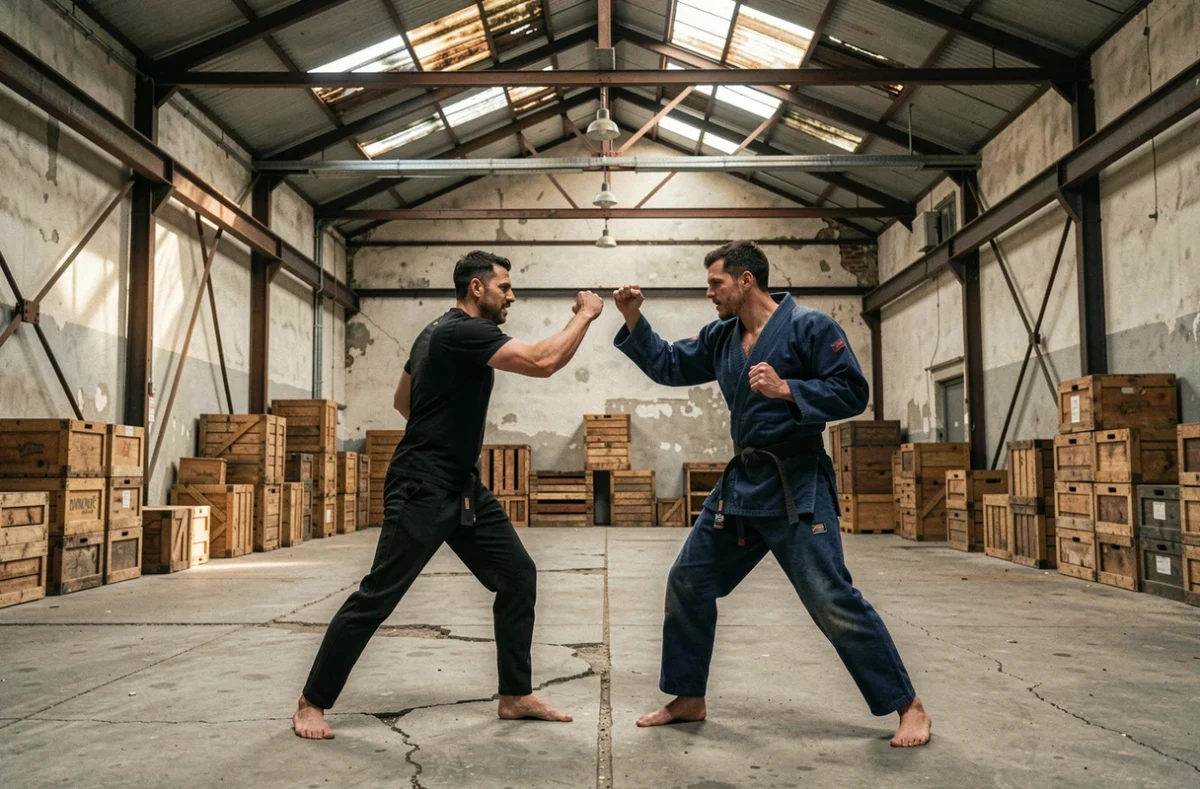 Deux combattants en séance de sparring dans un entrepôt industriel délabré, illustrant la stratégie de combat et les techniques de mêlée d'Android 17