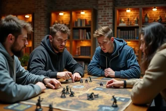 Groupe de joueurs planifiant une stratégie coopérative autour d'une table de jeu de rôle avec cartes et figurines fantastiques