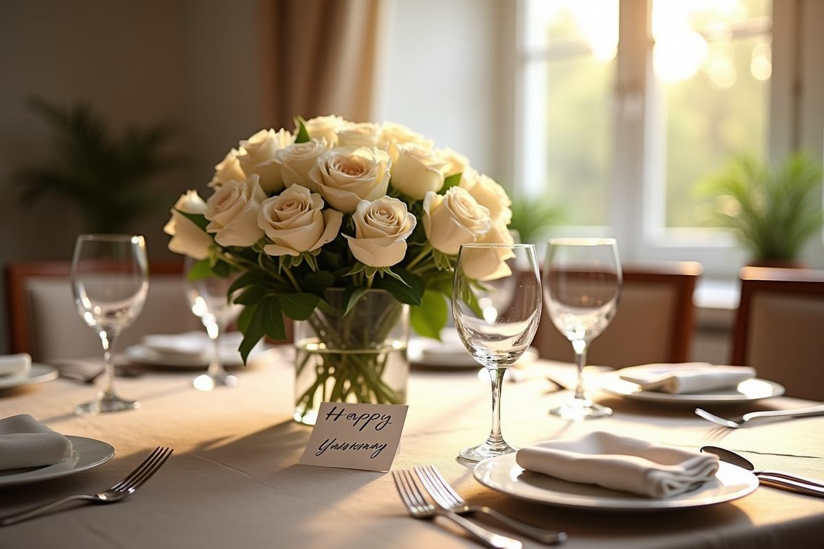 Table élégante avec roses blanches et carte d anniversaire