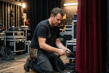 Technicien réglant le son en coulisses d'un concert légendaire
