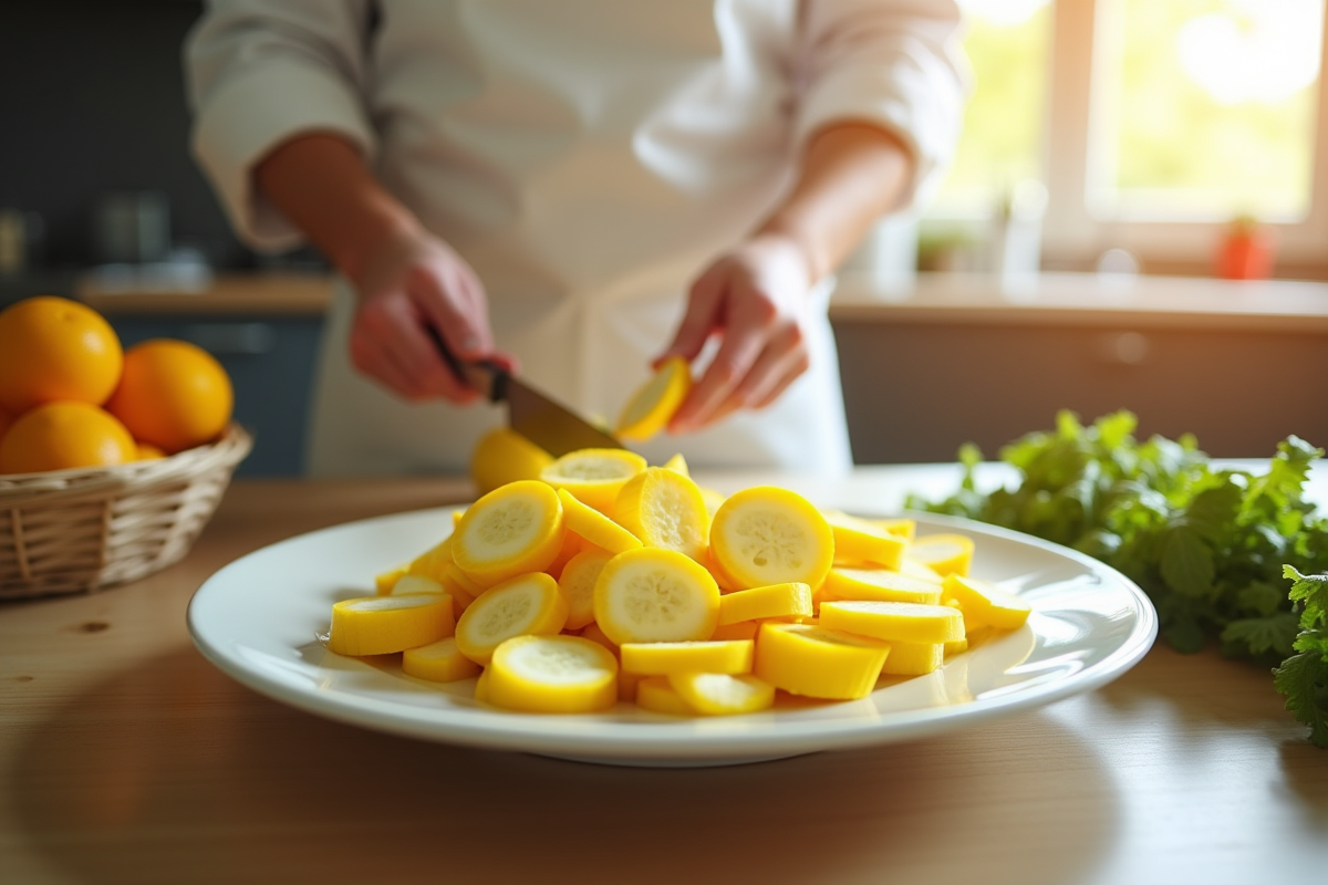Tranches de courgette jaune préparées dans une cuisine moderne