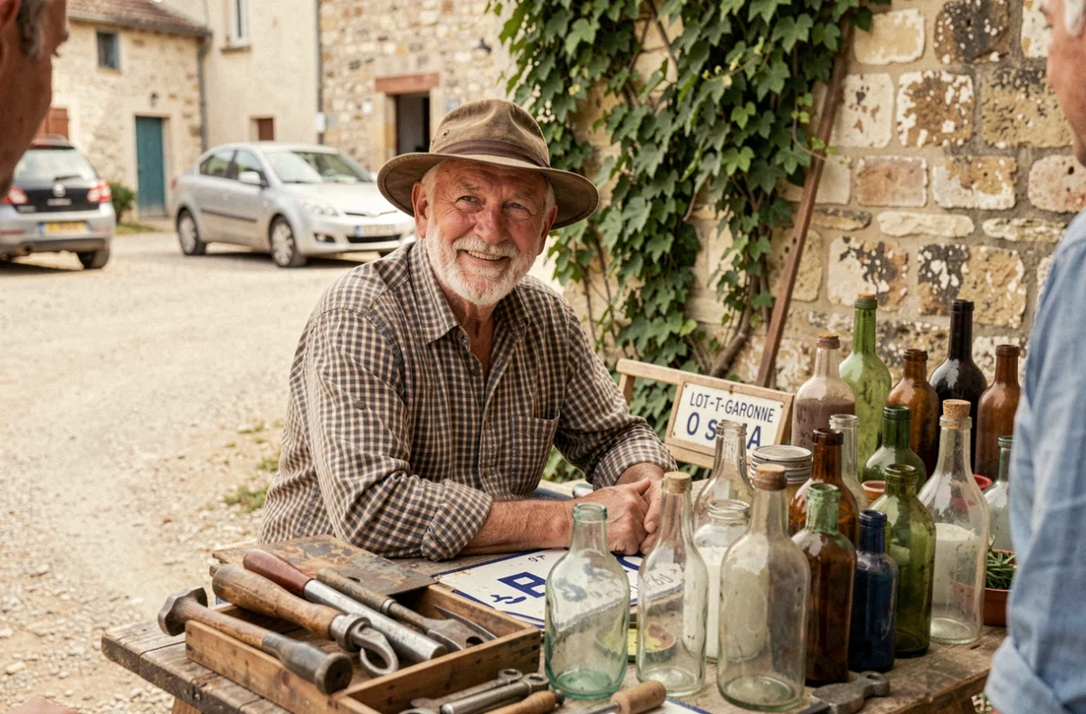 Vendeur de brocante en Lot-et-Garonne derrière son stand chargé d'outils anciens, bouteilles en verre et objets vintage lors d'un vide-grenier
