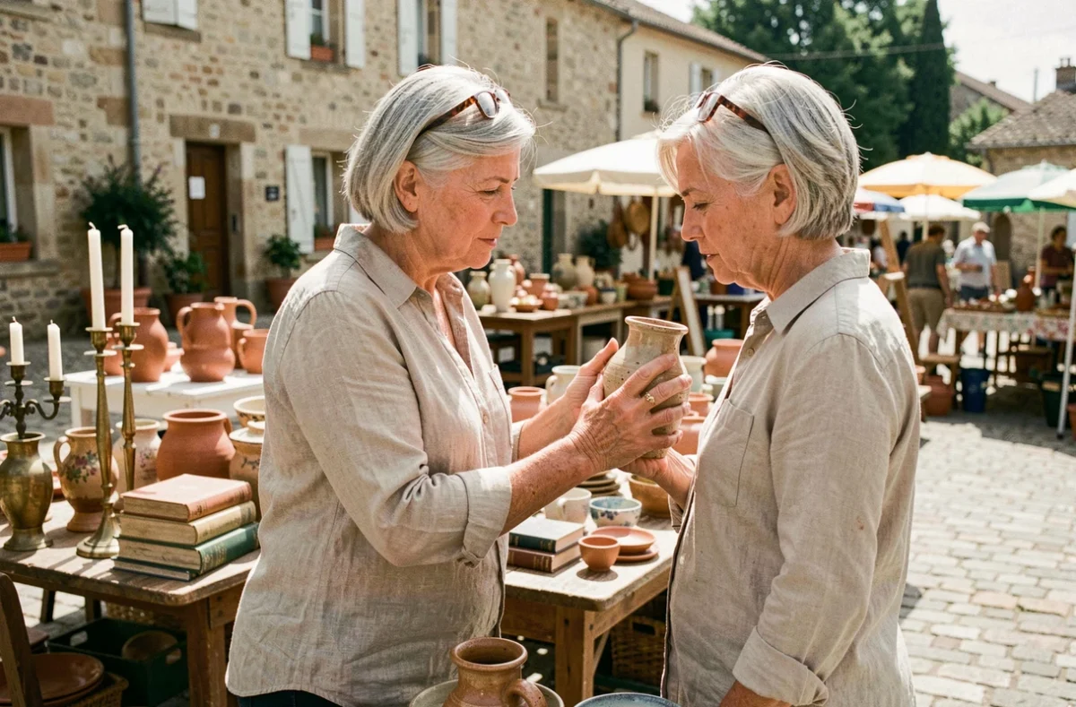 Femme examinant un vase ancien sur un stand de vide-grenier en Lot-et-Garonne lors d'un marché brocante en plein air