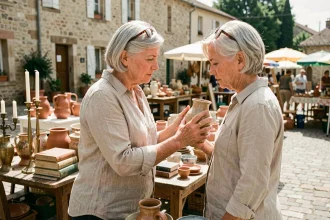 Femme examinant un vase ancien sur un stand de vide-grenier en Lot-et-Garonne lors d'un marché brocante en plein air