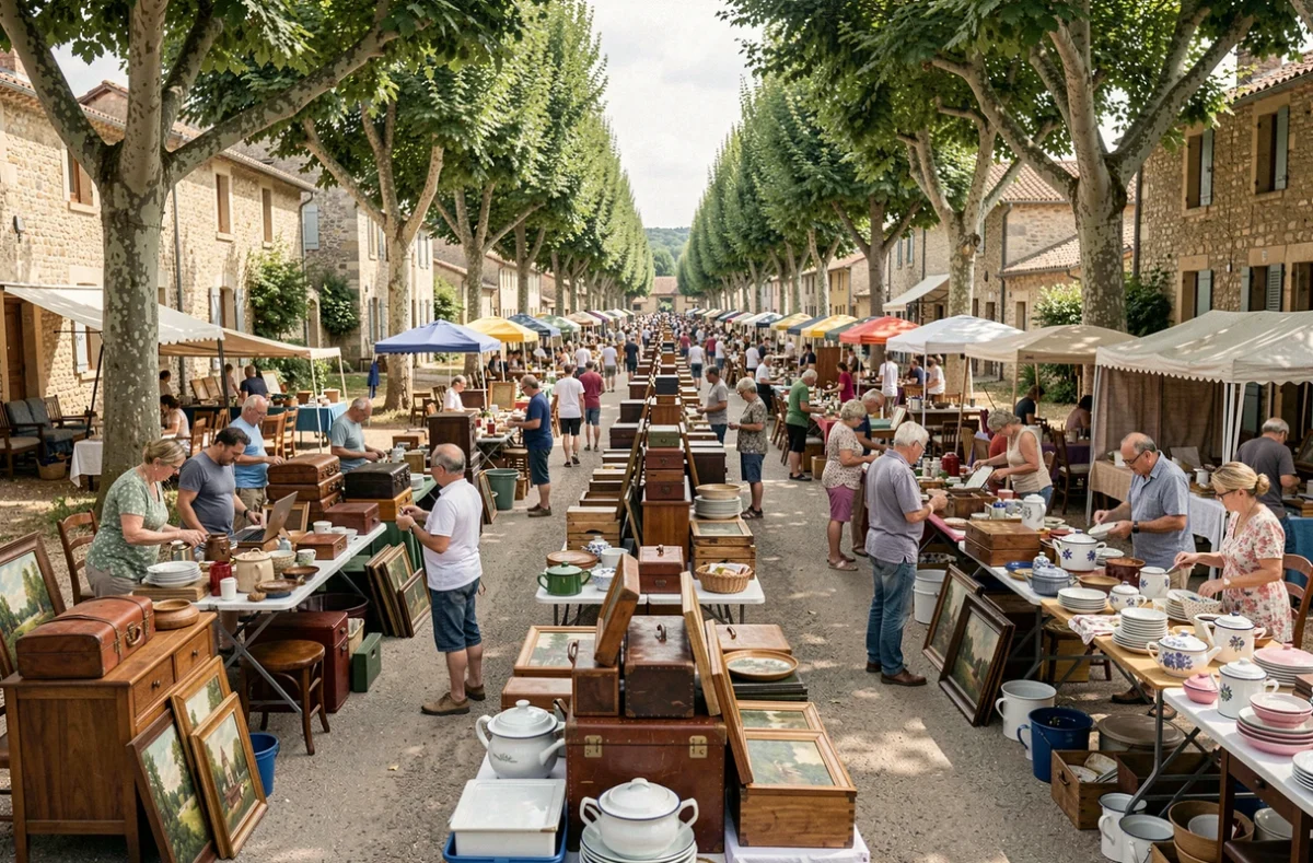 Vue large d'un vide-grenier animé en Lot-et-Garonne avec des allées de stands et des visiteurs entre les tables de brocante