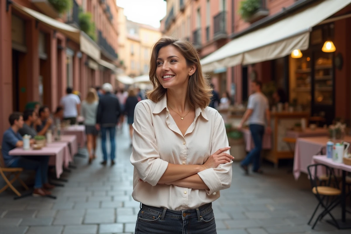 Femme en centre-ville de Toulouse sur un marché animé avec les façades en brique rose typiques de la Ville Rose